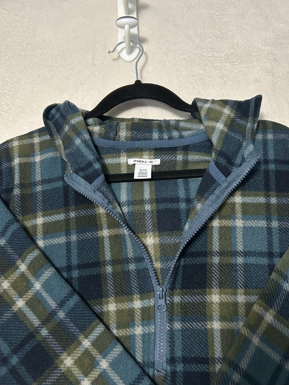 O'Neill Men's XL 1/4 Zip Fleece Pullover Hoodie Flannel Plaid Blue Green